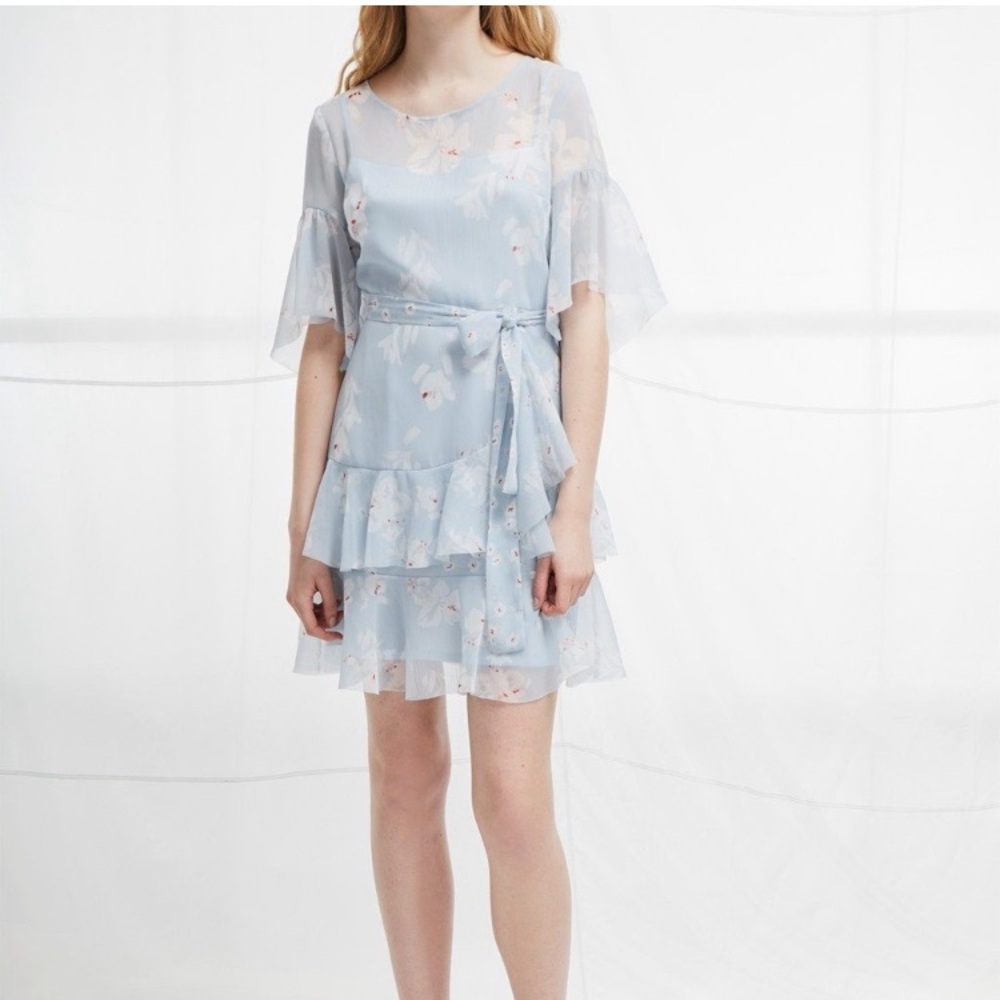 French Connection Floral Sheer Dress - Light Blue and White